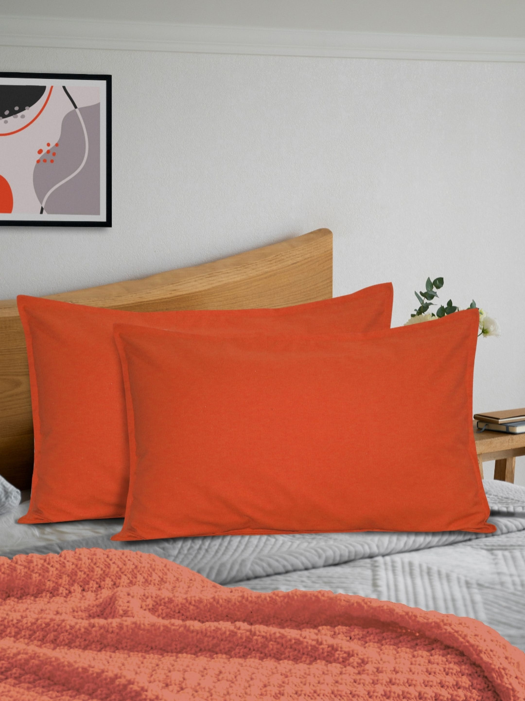 HOME COLORS.IN Orange 2 Pieces Pure Cotton Rectangle Pillow Covers
