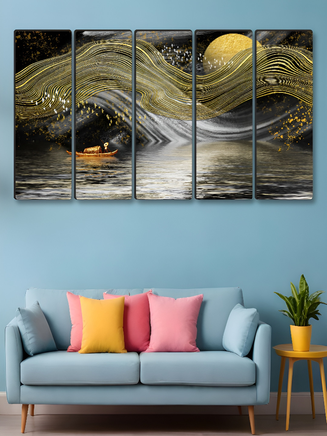 Myntra Elegant Homes Gold-Toned & Grey 5 Pieces Abstract Canvas Wall Art