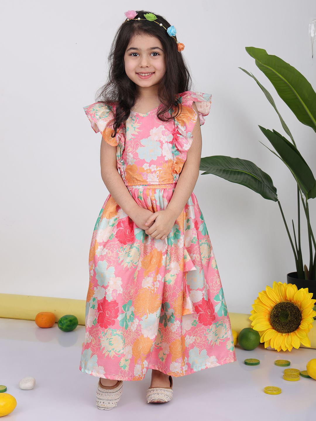 Here&Now X Kinder Kids Girls Floral Printed Cap Sleeves Ready to Wear Lehenga & Choli