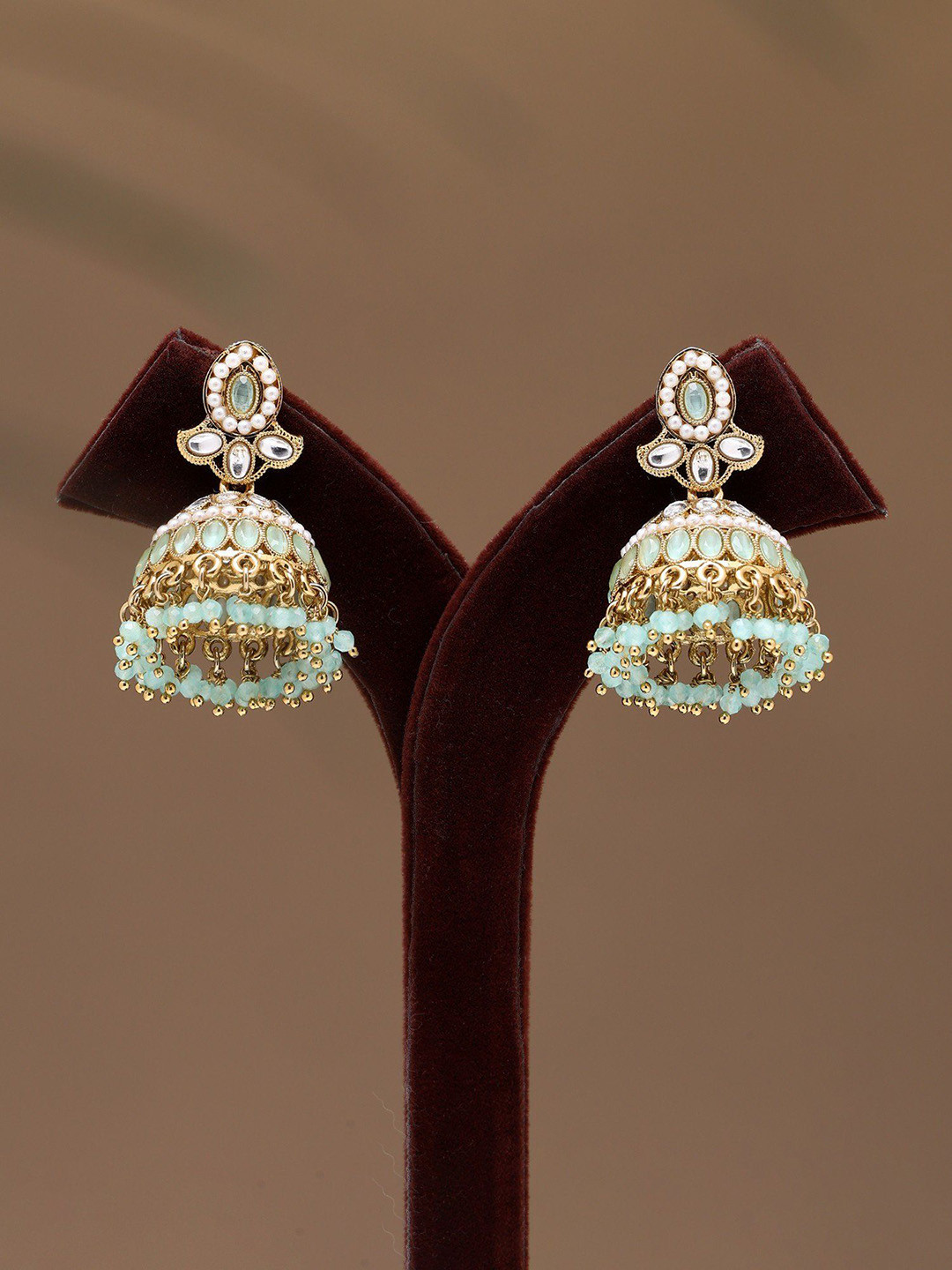 Exotic India Dome Shaped Stone Studded & Beaded Jhumka