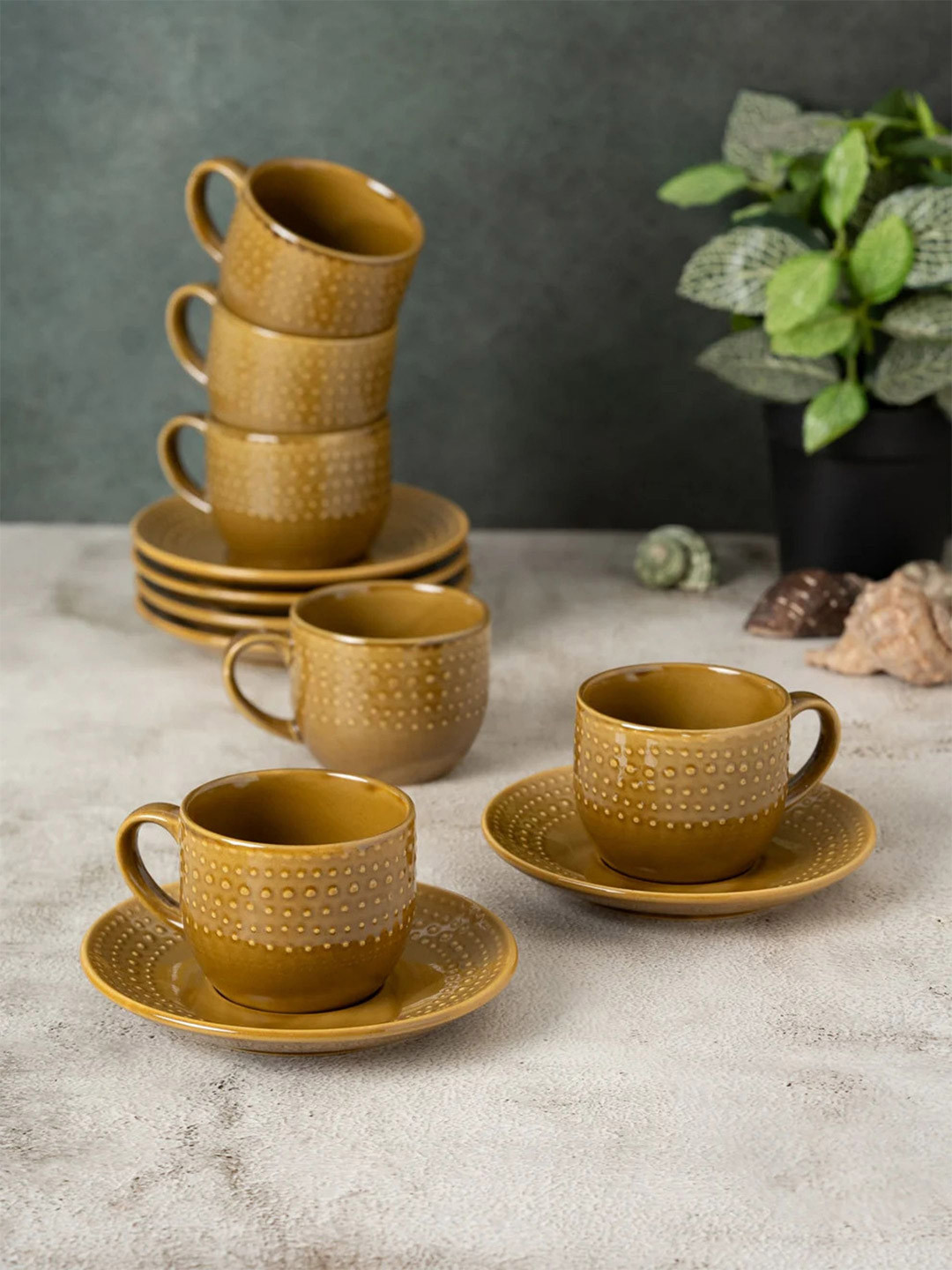 CLAY CRAFT Ceramic Apex Brown Cups & Saucer, Set Of 12, Cups For Tea & Coffee