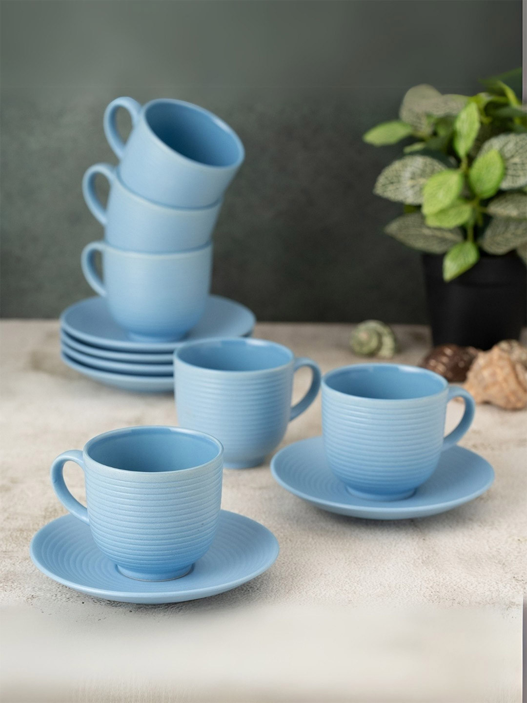 Clay Craft Fine Ceramic Horizon Blue Cups & Saucer, Set Of 12, Cups For Tea & Coffee