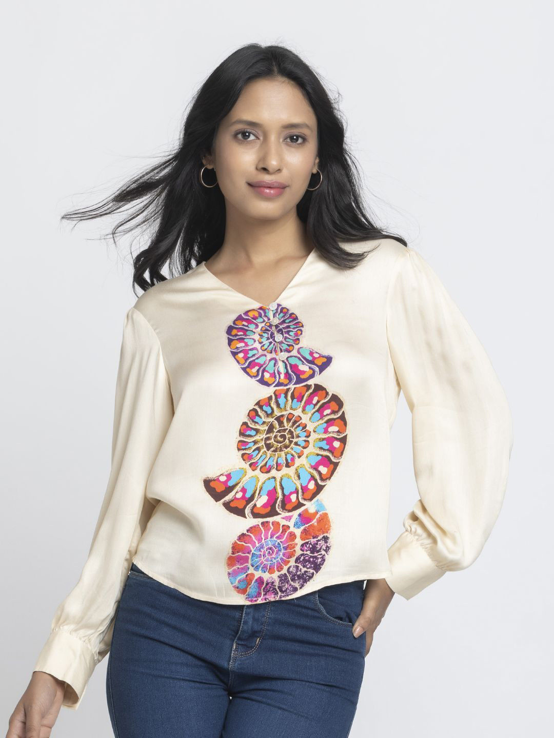 SHAYE Beige V-Neck Printed Full Sleeves Casual Tops For Women