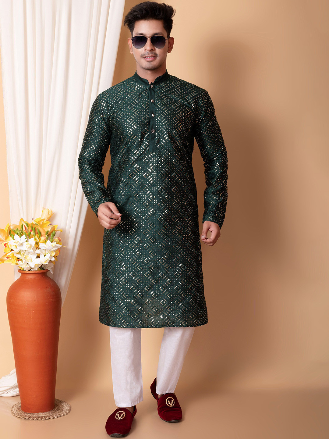 NFC CREATION Embroidered Mandarin Collar Straight Sequinned Dupion Silk Kurta With Pyjamas