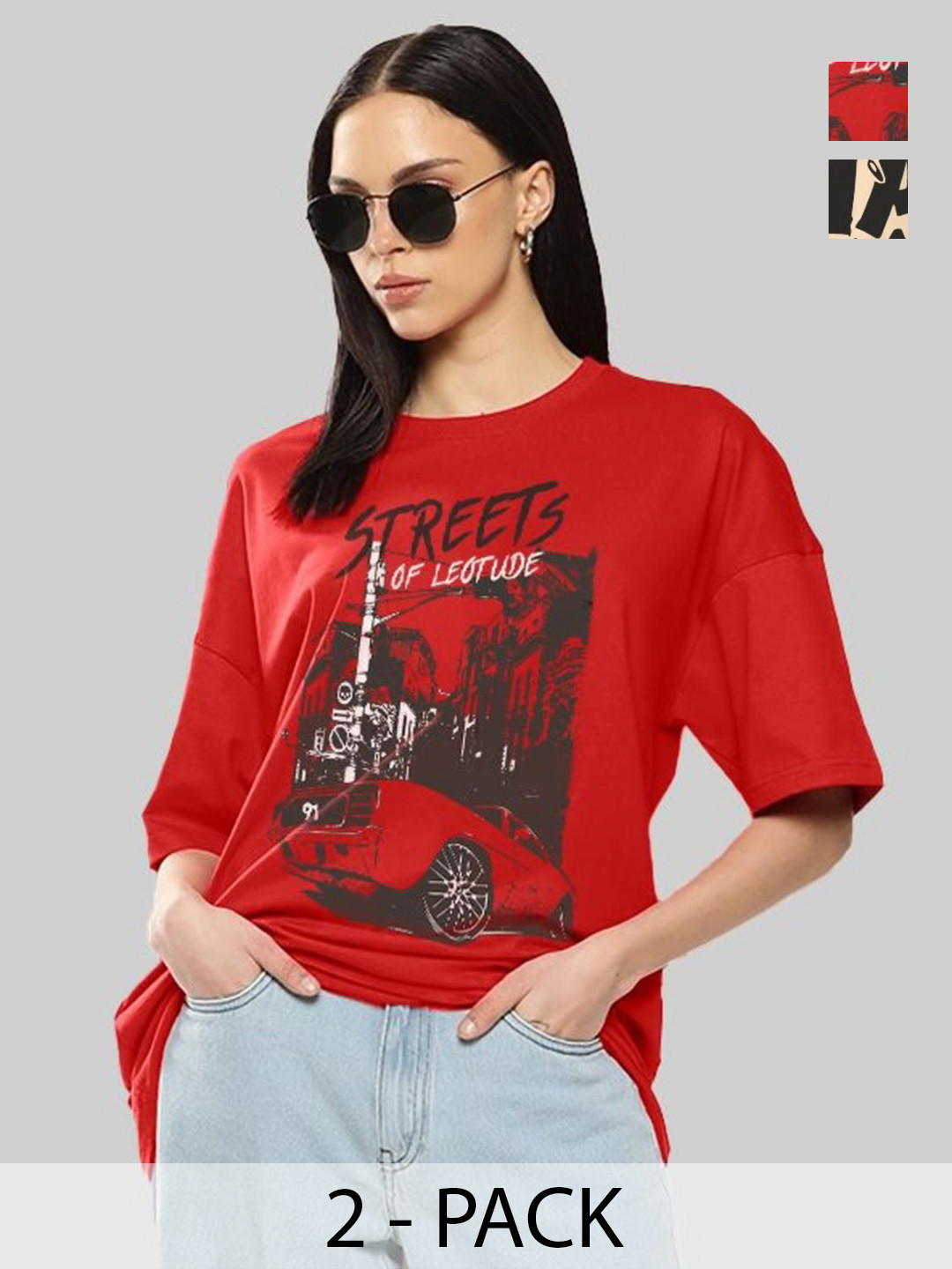 Leotude Women Pack Of 2 Photographic Printed Round Neck Cotton Oversized T-shirts