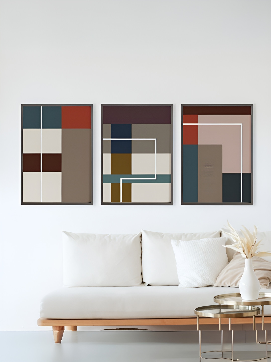 Rustic Charm Brown & Grey 3 Pieces Geometric Abstract Printed Paper Wall Art