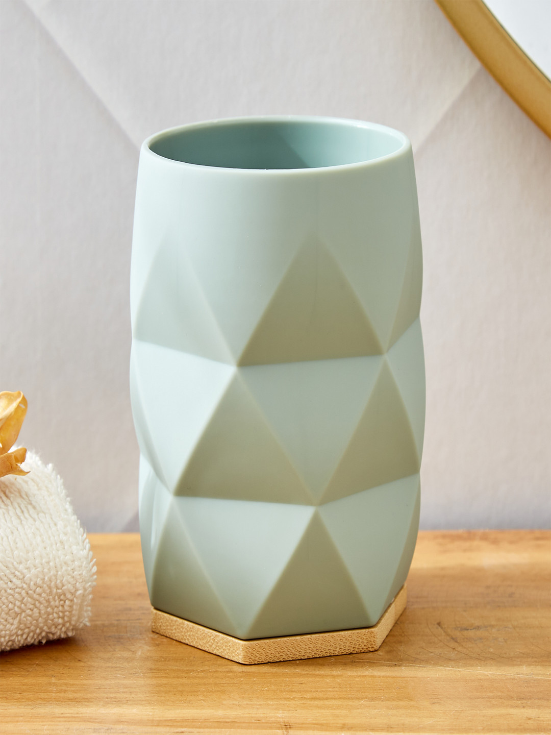 Home Centre Green Textured Tumbler With Bamboo Base
