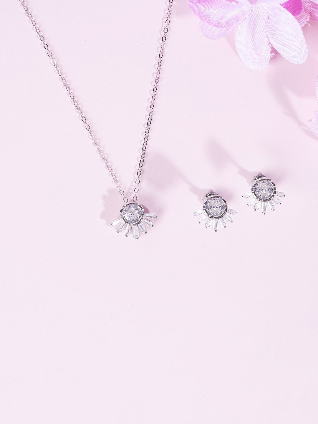 GLYTERS 925 Sterling Silver Rhodium-Plated Stones Studded Radiant Dawn Jewellery Set