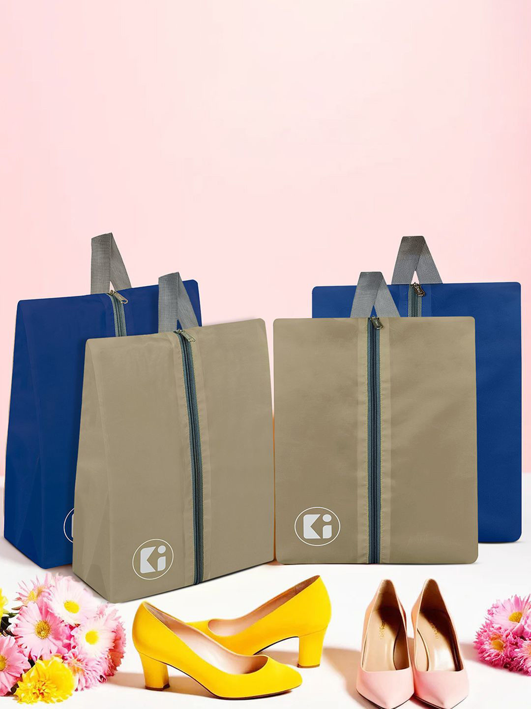 Kuber Industries Brown Pack of 4 Printed Water Resistant Parachute Shoes Travel Organizer