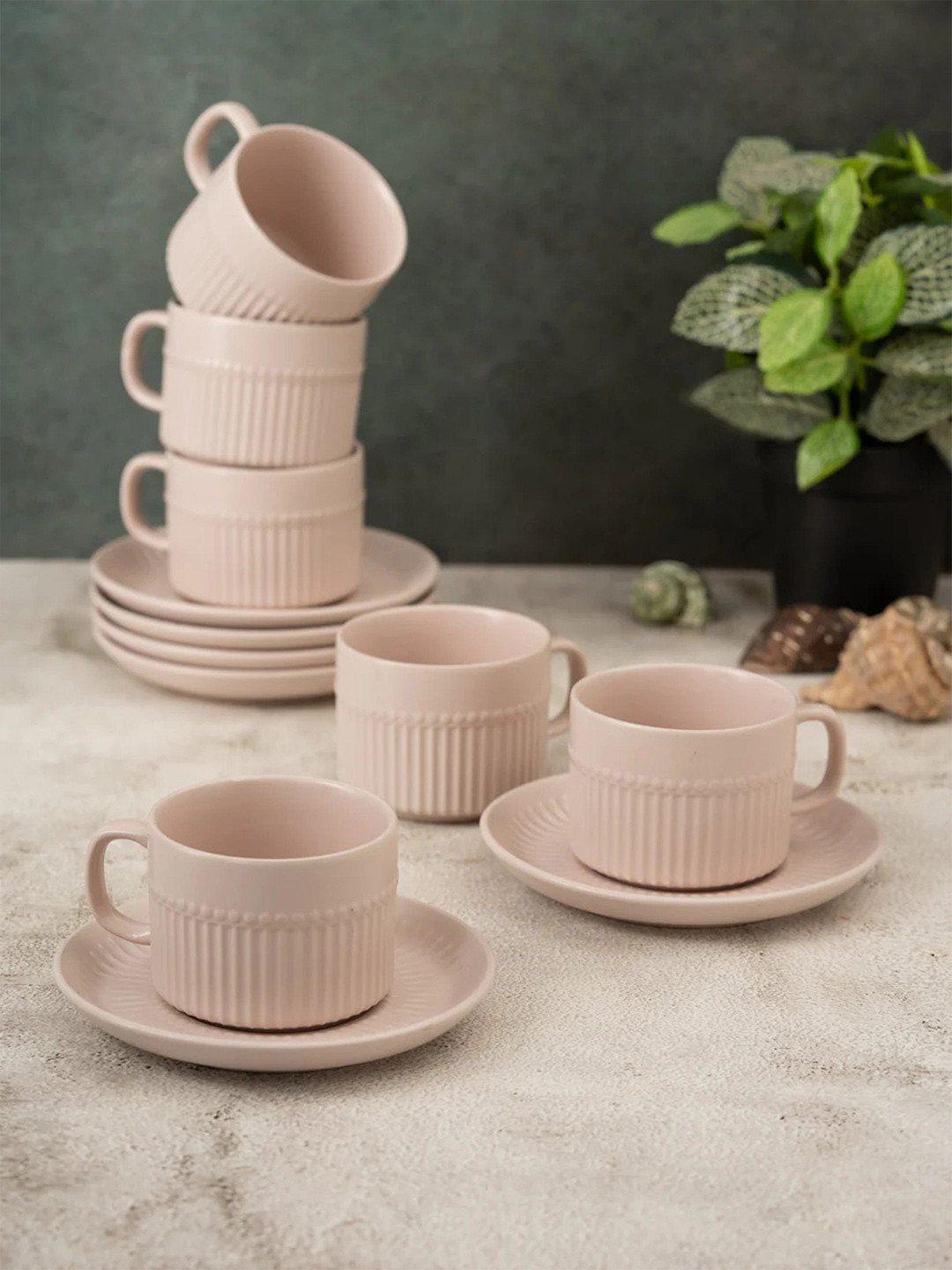 CLAY CRAFT Ceramic Crimson Ivory Cups & Saucer, Set Of 12, Cups For Tea & Coffee