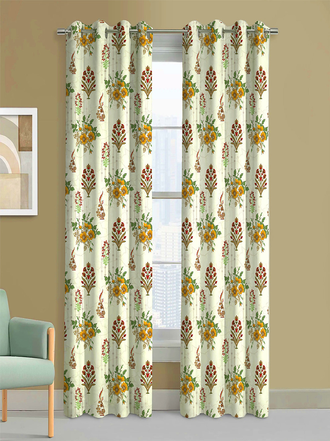 Steve & Anderson Indian Motifs Yellow And White 2 Peices Black Out Door Curtains (7 Feet)