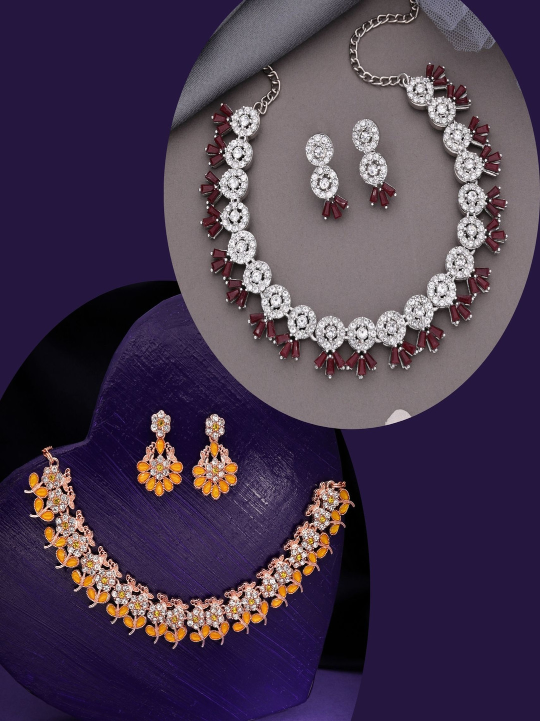 DIVASTRI Set Of 2 Rose Gold & Silver-Plated American Diamond-Studded Neckalce With Earring