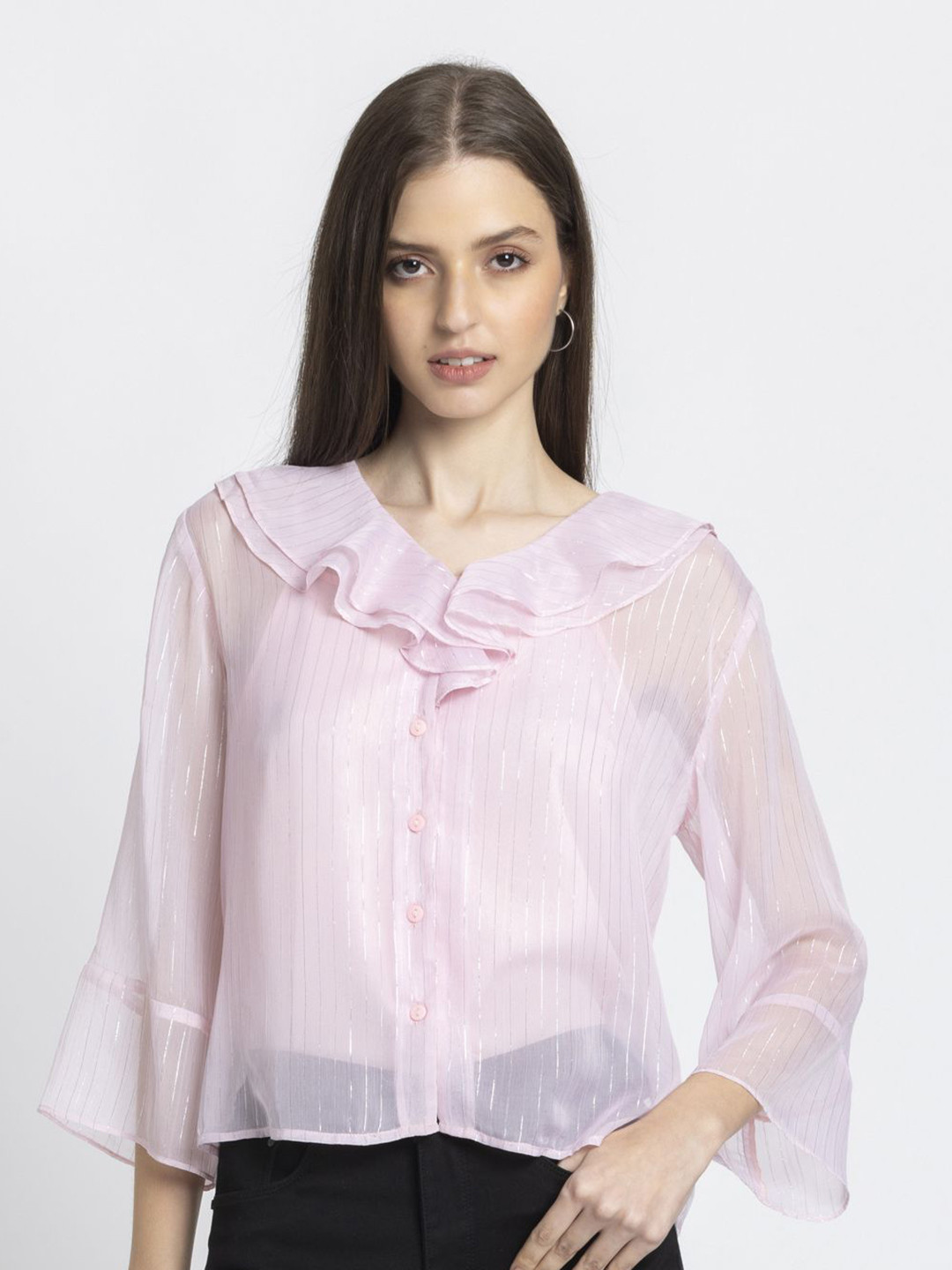 SHAYE Pink V-Neck Solid Three-Quarter Sleeves Casual Tops With Cami For Women