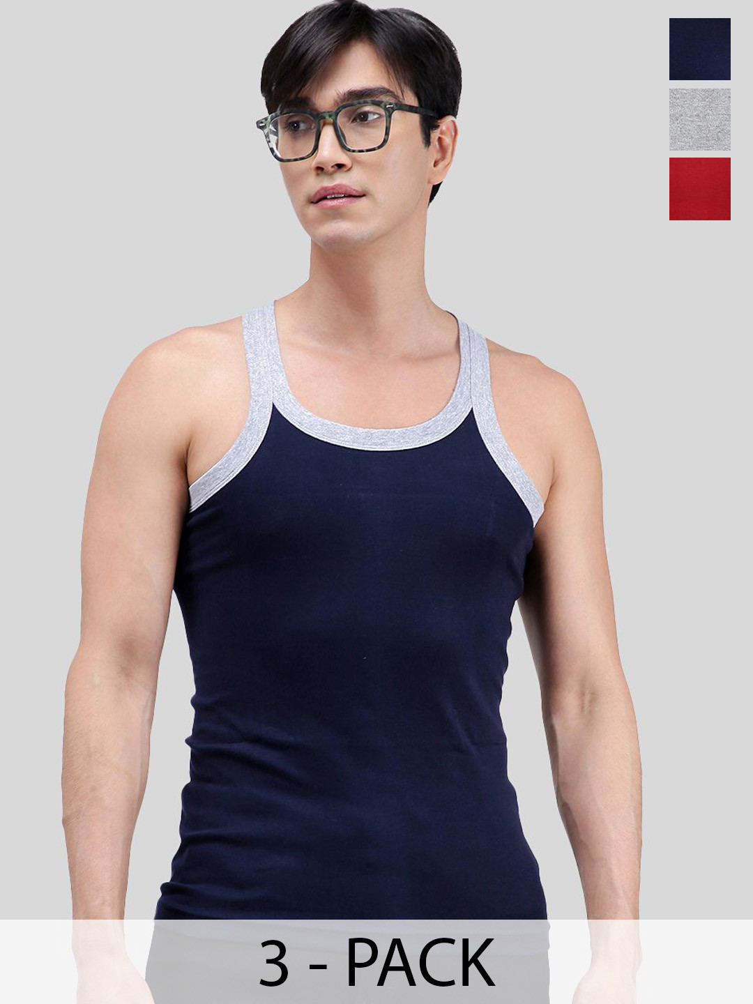 AMUL COMFY Pack Of 3 Pure Cotton Gym Innerwear Vests AC-GVEST-NY-RD-GY-XS-3PC