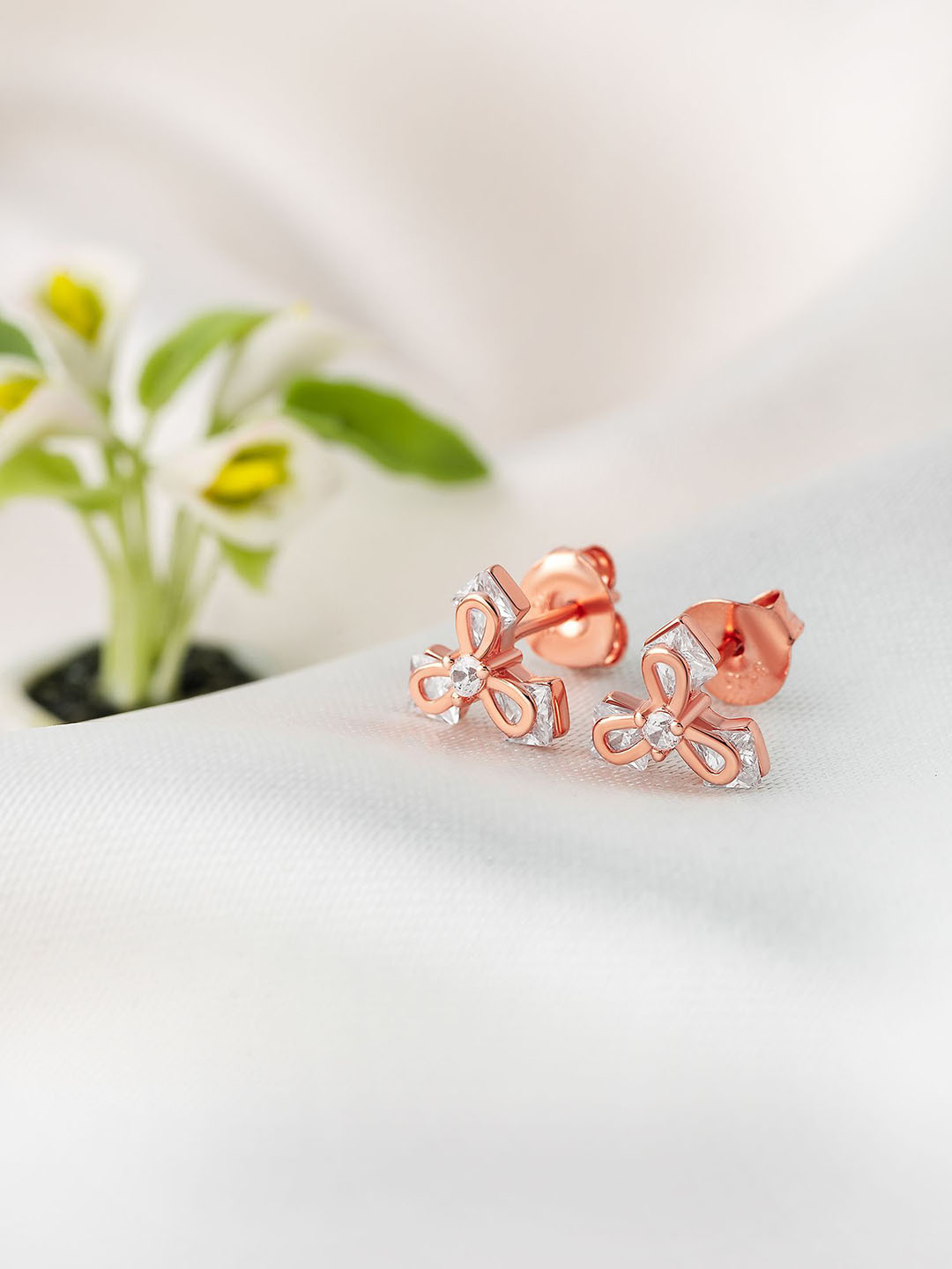 SILBERRY 925 Sterling Silver Rose Gold-Plated CZ Studded Floral Triora Studs