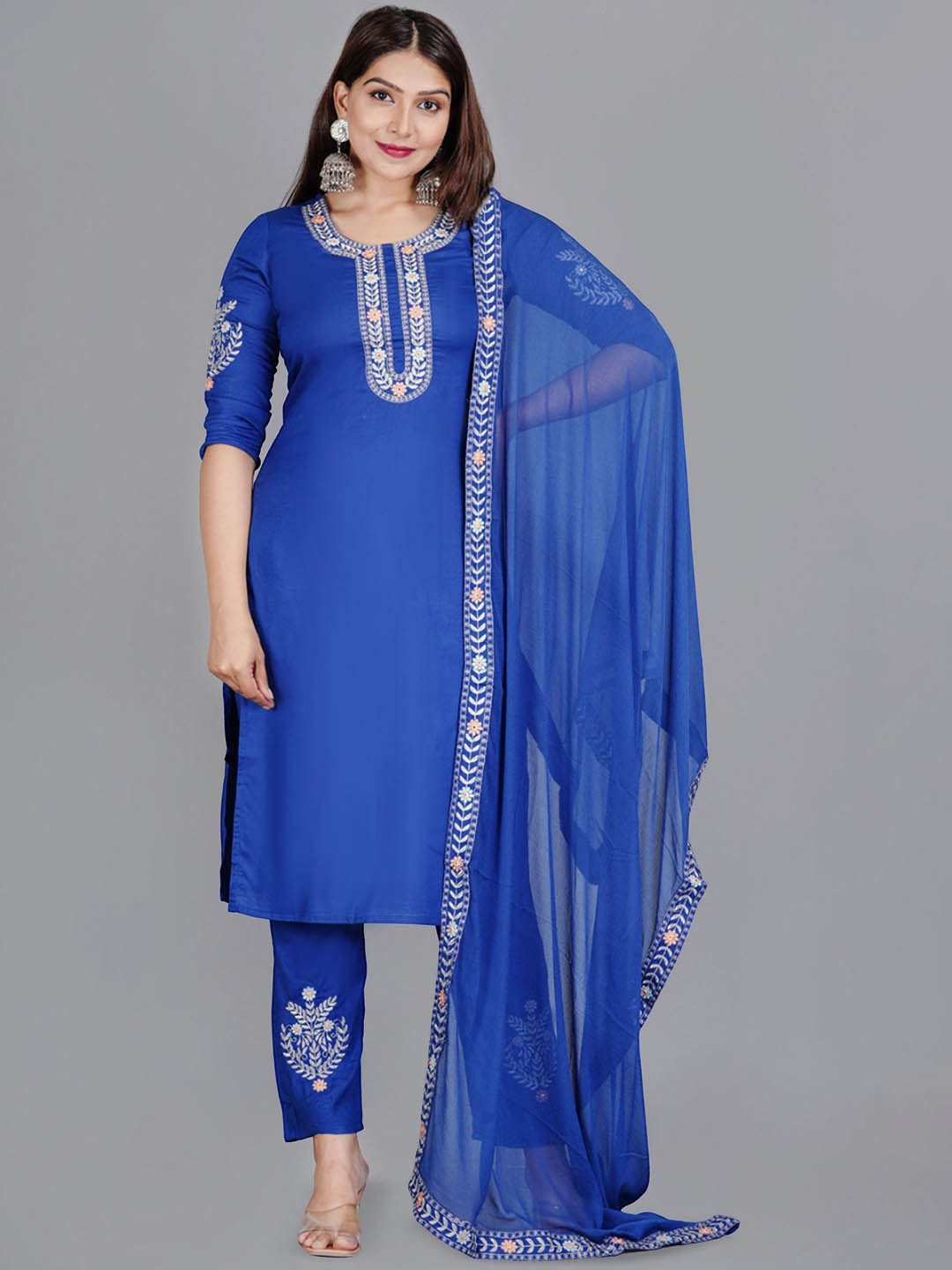 rf clothes Floral Embroidered Round Neck Straight Kurta With Trousers & Dupatta