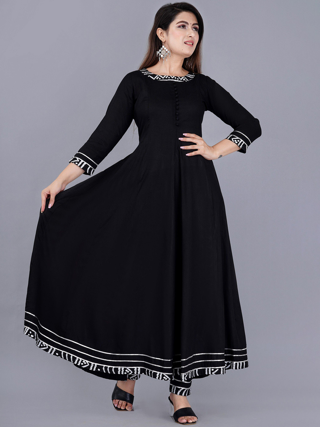 rf clothes Bandhani Printed Round Neck Gotta Patti Anarkali Kurta With Trousers