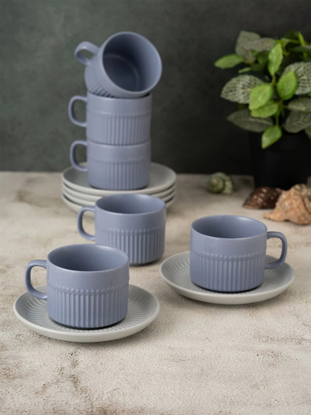 Clay Craft Fine Ceramic Crimson Blue Cups & Saucer, Set Of 12, Cups For Tea & Coffee