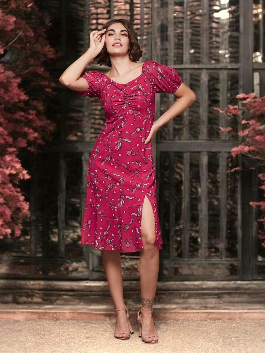 Miss Chase Print Flutter Sleeve Georgette Fit & Flare Midi Dress
