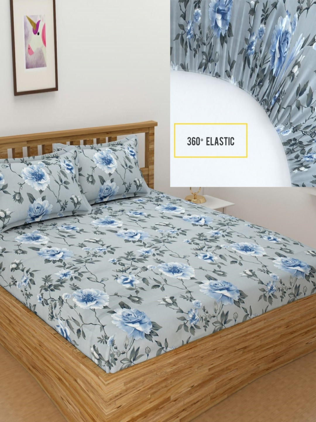 Bromwick 360 Degree Elastic Grey Floral Microfiber 220 TC Fitted King Superfine Bedsheet with 2 Pillow Covers-87 x 93 inches