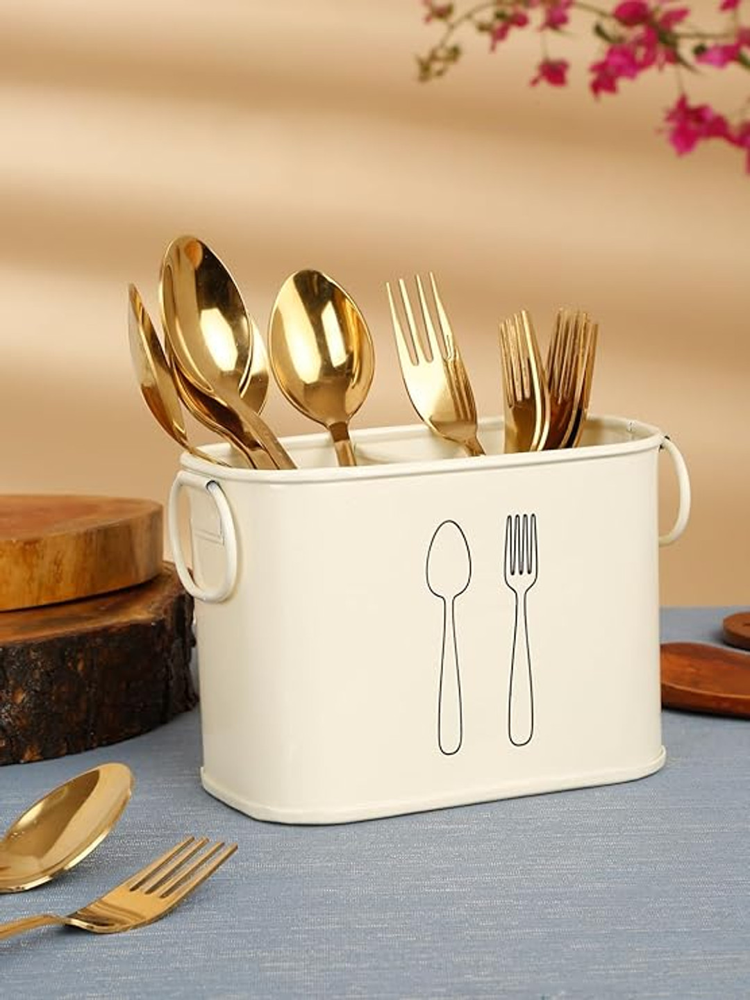 Homspurts White & Black Spoon & Fork Printed Cutlery Holder