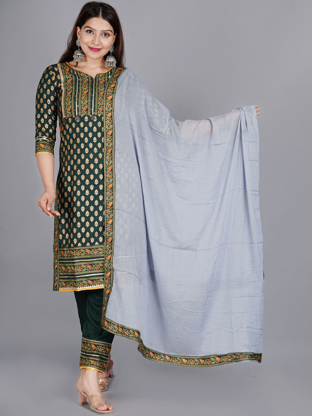 rf clothes Floral Printed Notch Neck Sequinned Straight Kurta With Trousers & Dupatta