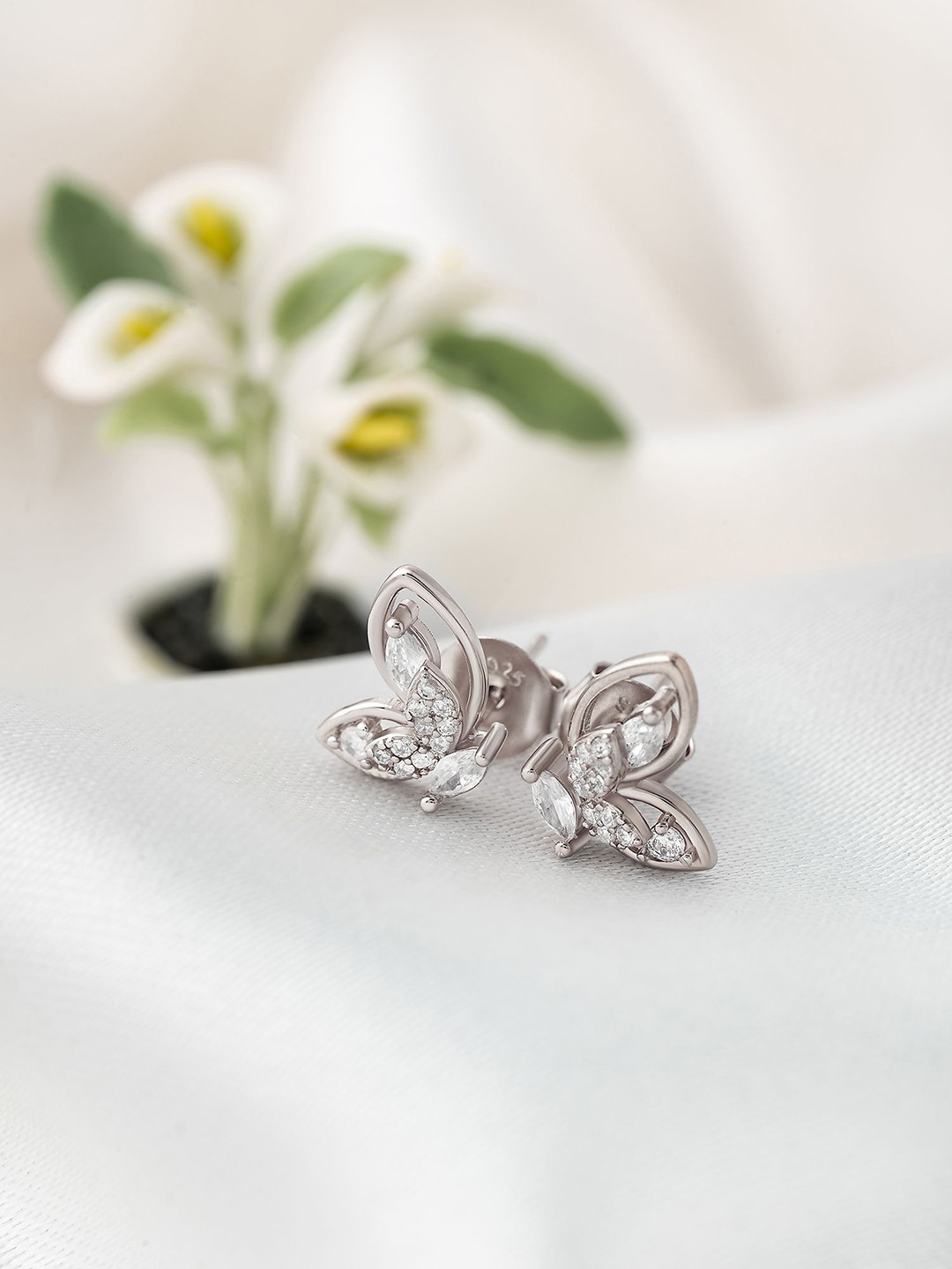 SILBERRY 925 Sterling Silver Rhodium-Plated CZ Studded Little Wings Studs