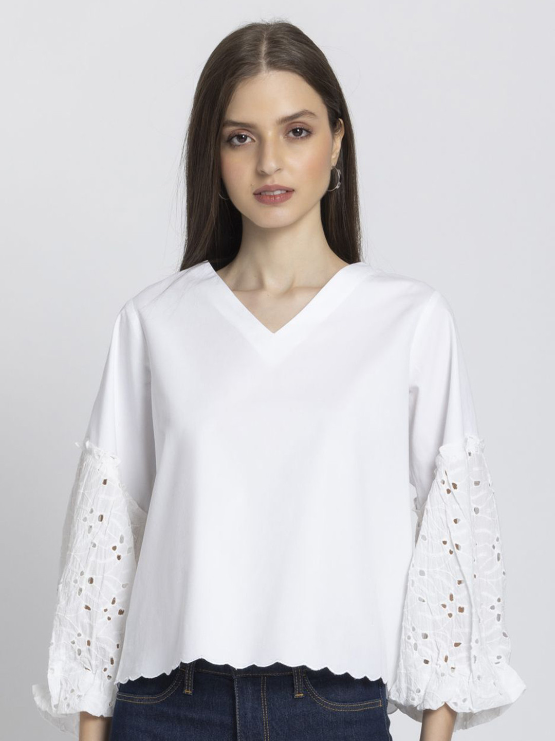 SHAYE White V-Neck Solid Full Sleeves Casual Tops For Women