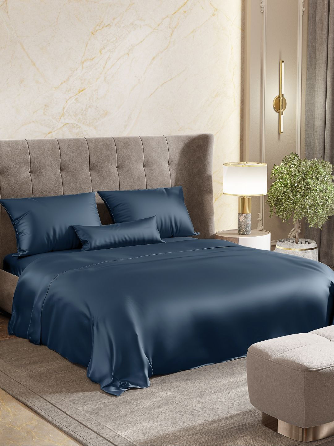 haus & kinder Royale Deep Ocean Navy Blue Poly Satin 300 TC King Fine Bedsheet with 2 Pillow Covers-108 x 90 inches