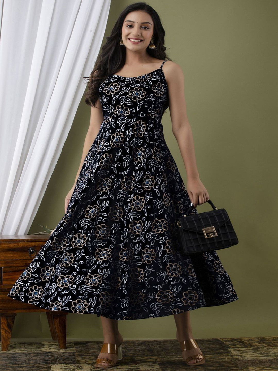 Demirner Floral Print Fit & Flare Midi Dress