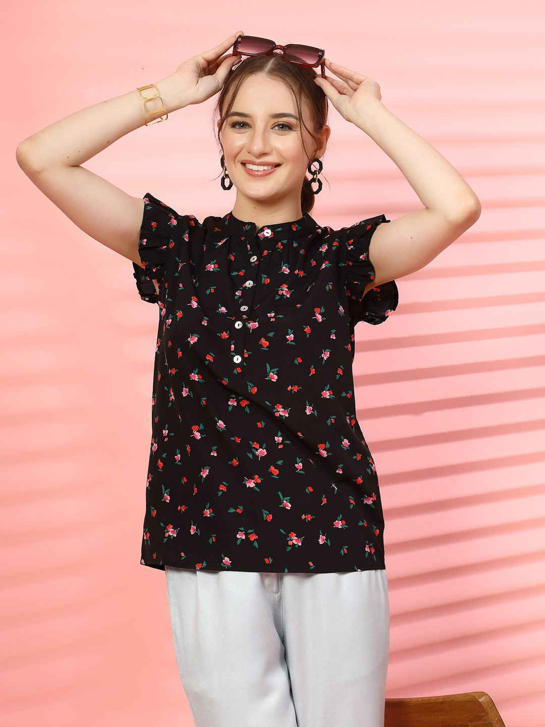 EVERYDAY by ANI Floral Print Choker Neck Applique Crepe Top