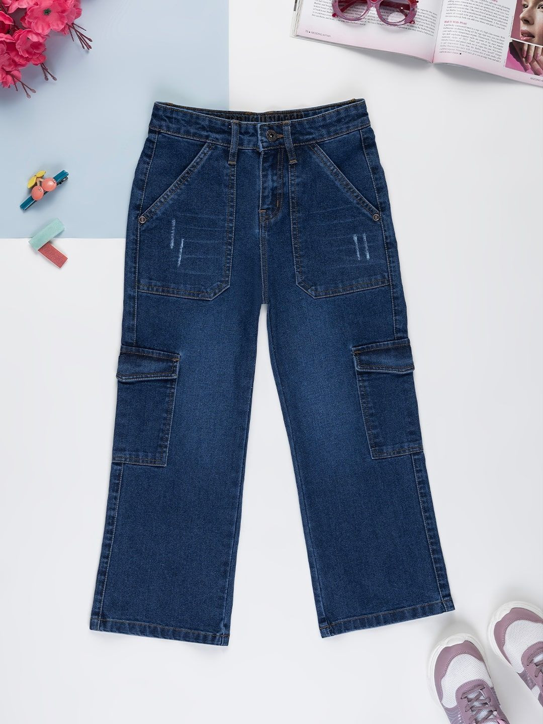 Purple United Kids Girls Denim Wide Leg Low Distress Light Fade Jeans