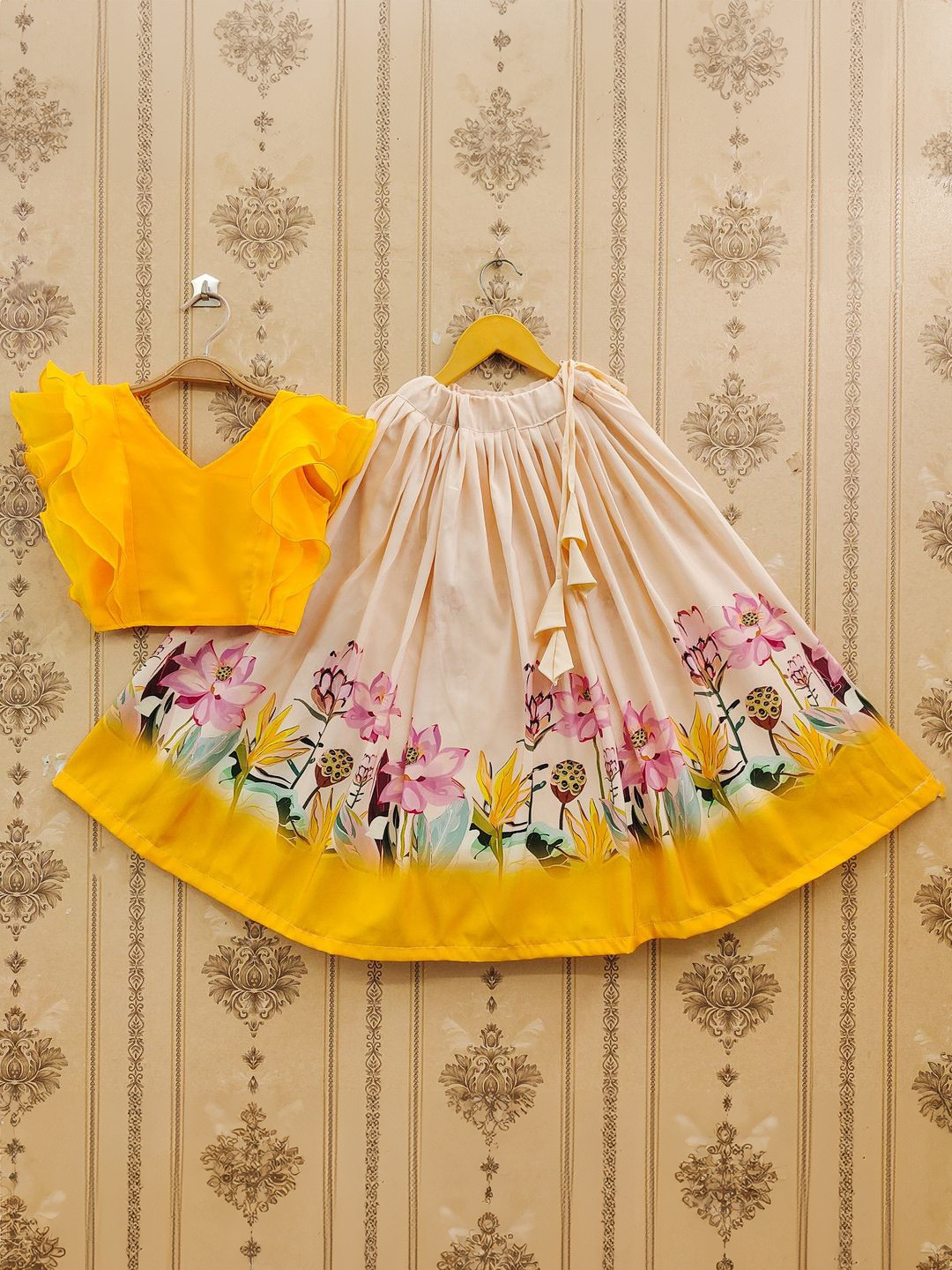 JOVK DESIGN Girls Mustard Printed Ready to Wear Lehenga