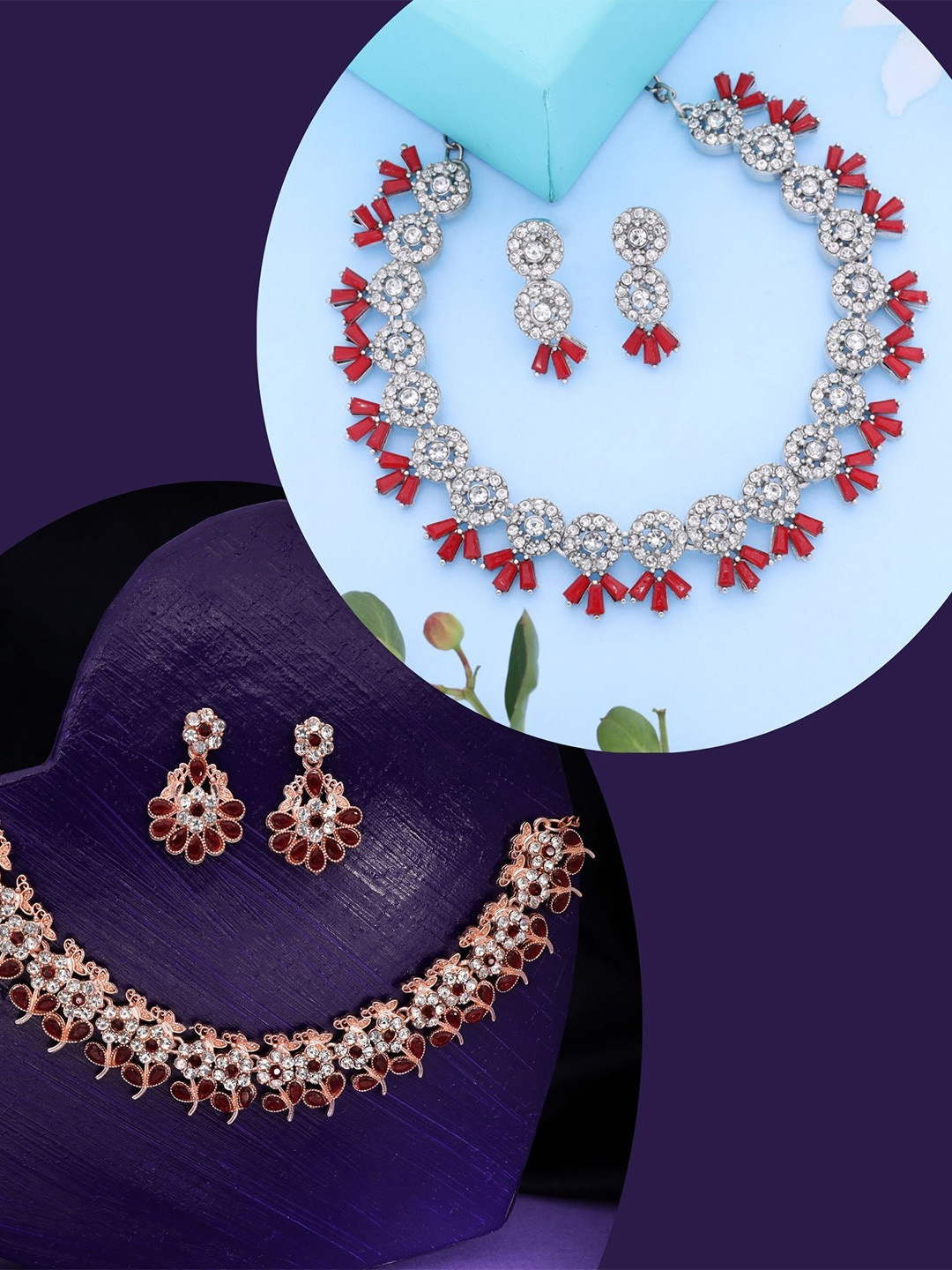 DIVASTRI Pahal Set Of 2 Silver-Plated & Rose Gold-Plated AD Studded Jewellery Set