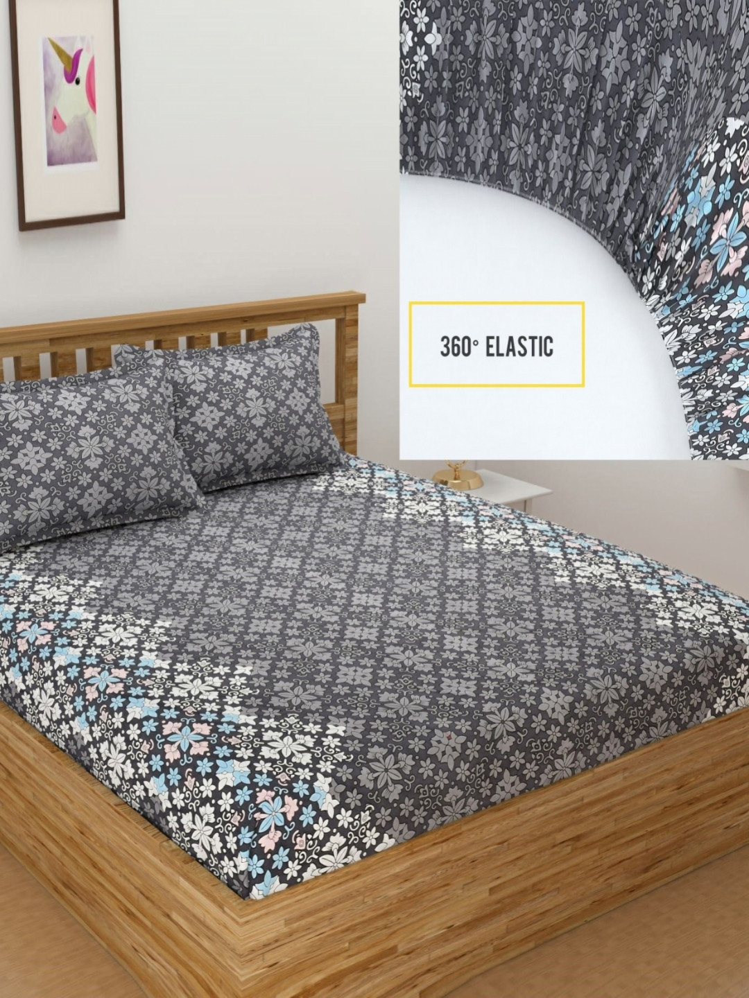 Bromwick 360 Degree Elastic Black Floral Microfiber 220 TC Fitted King Superfine Bedsheet with 2 Pillow Covers-59 x 87 inches