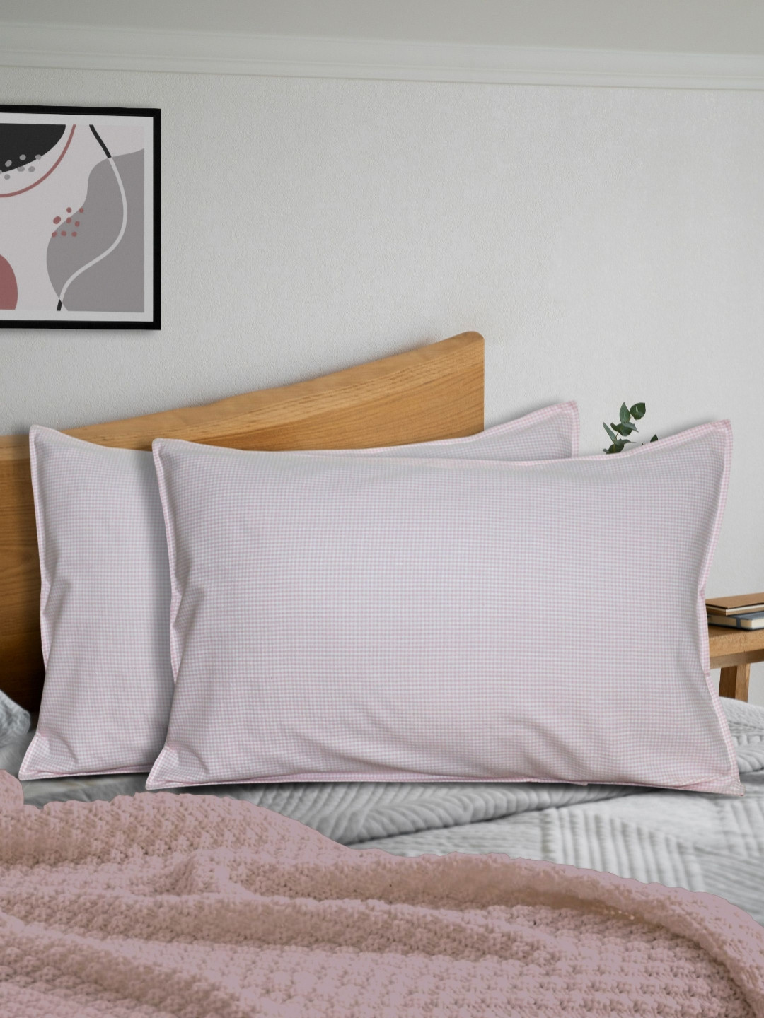 HOME COLORS.IN Pink & White 2 Pieces Checked Pure Cotton Rectangle Pillow Covers