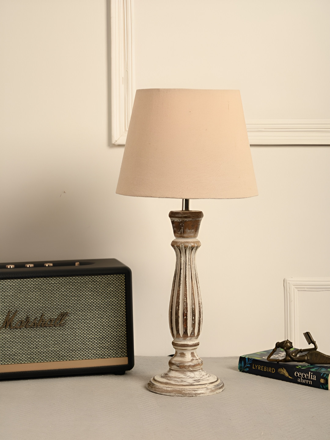green girgit Beige & Brown Frustum Shaped Wooden Table Lamp With Bulb