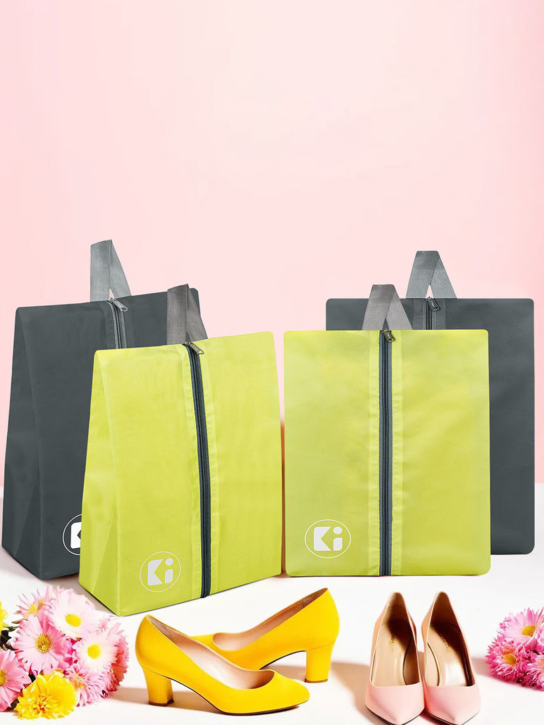 Kuber Industries Yellow & Grey 4 Pieces Regular Travel Shoes Organisers