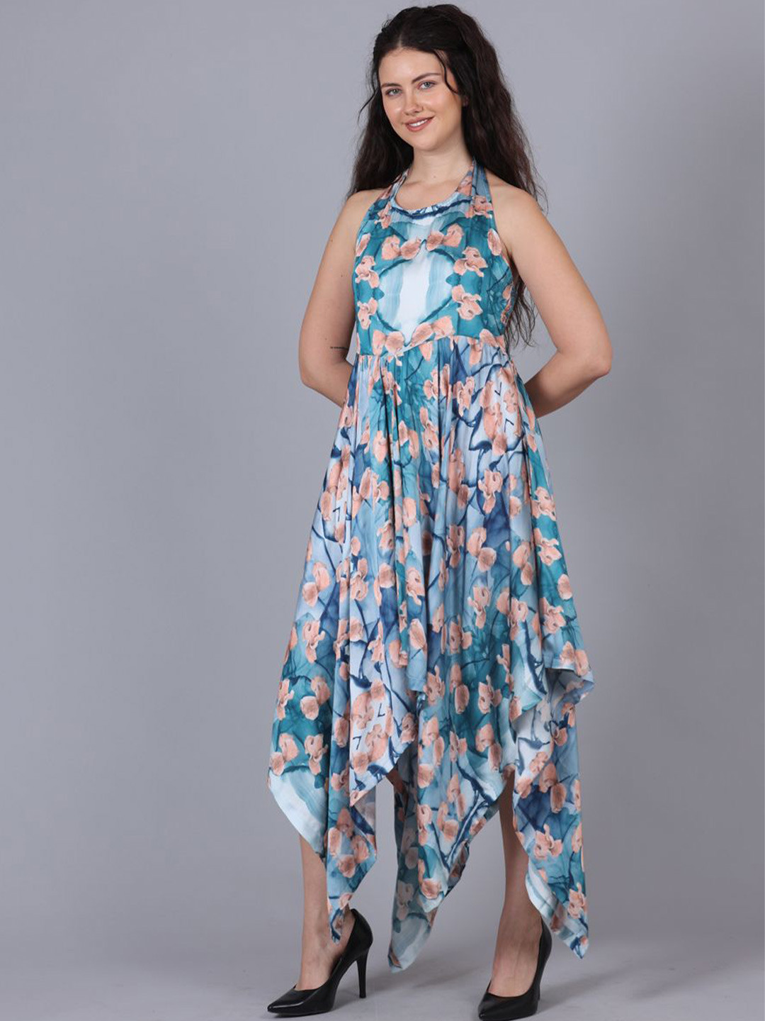 POPPIES LANE Troquoise Blue And Peach Flower Printed Scarf Dress