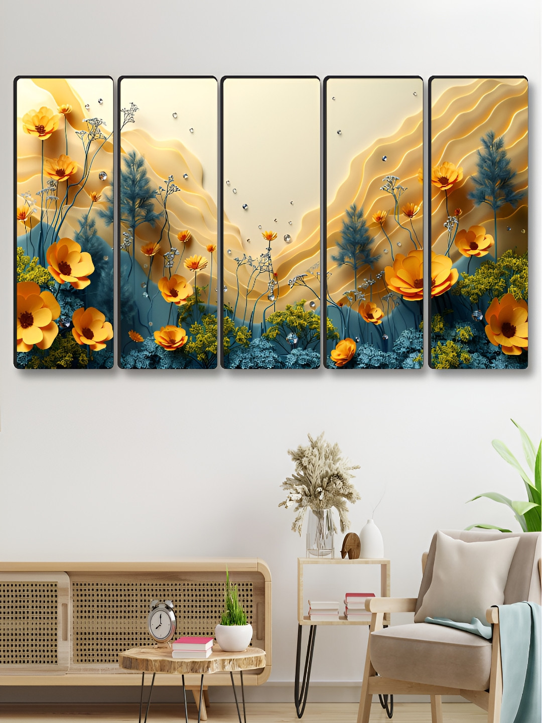 Myntra Elegant Homes Blue & Yellow 5 Piece Nature Floral And Botanical Canvas Wall Art