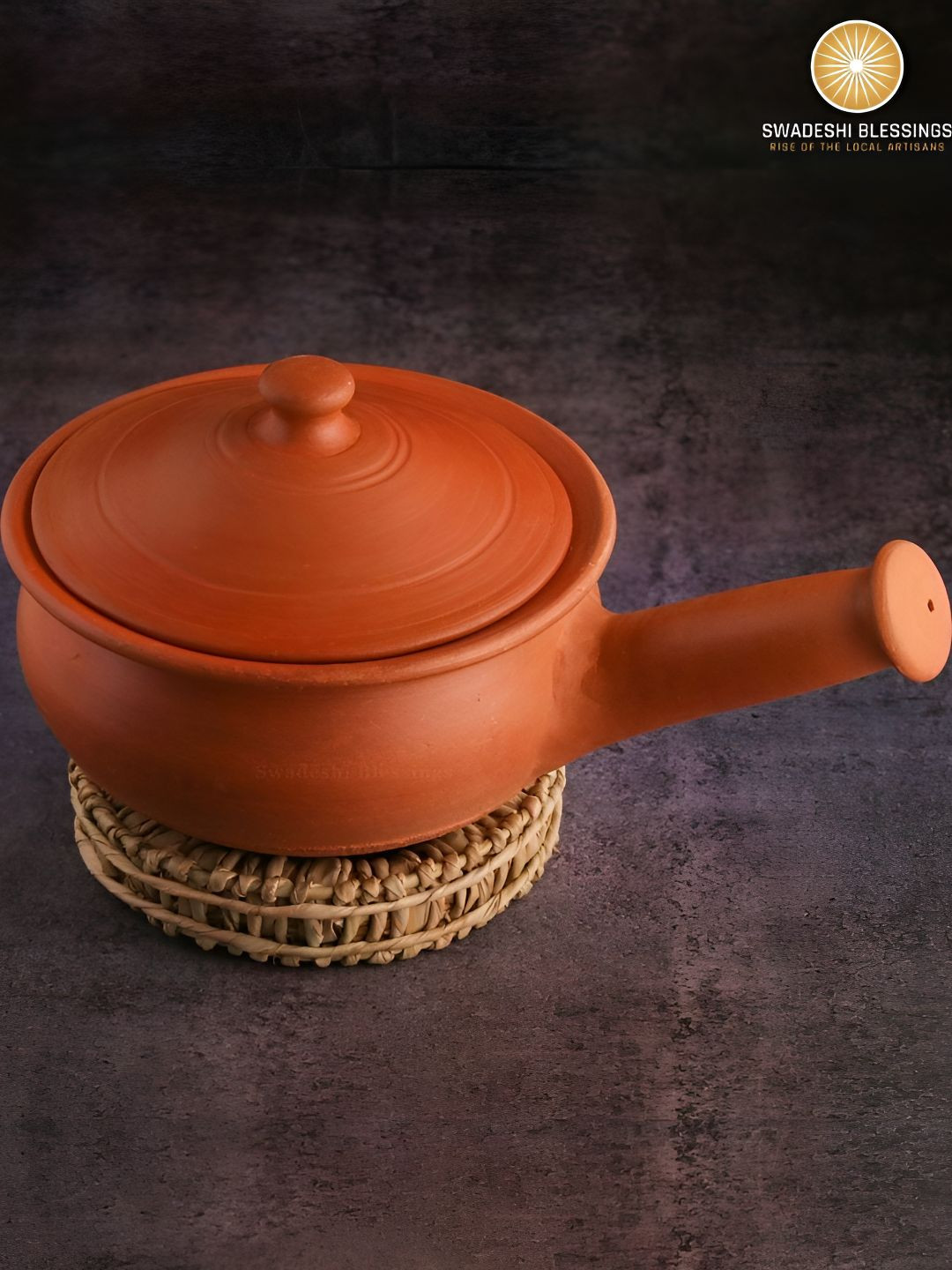Swadeshi Blessings Red Unglazed Clay Sauce Pan With Lid 1500 ml