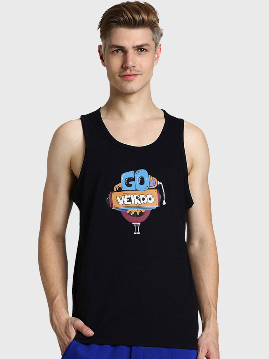 VEIRDO Black Flower Printed Gym Vest VDVMTW03000054