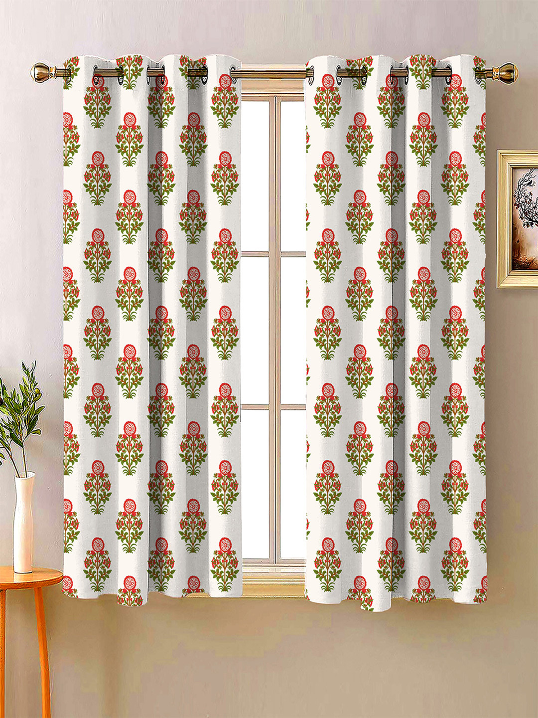 Steve & Anderson Bharat Motifs White And Red 2 Peices Printed Window Curtains (5 Feet)