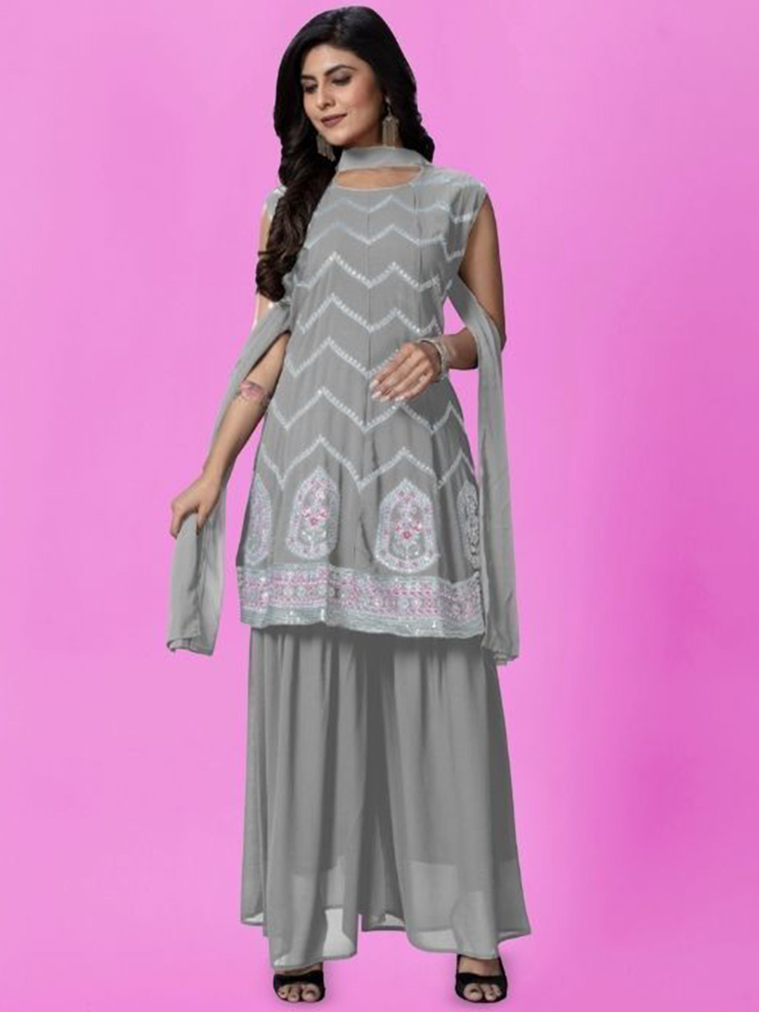 PARROT CREATION Floral Embroidered Georgette Kurti With Sharara And Dupatta