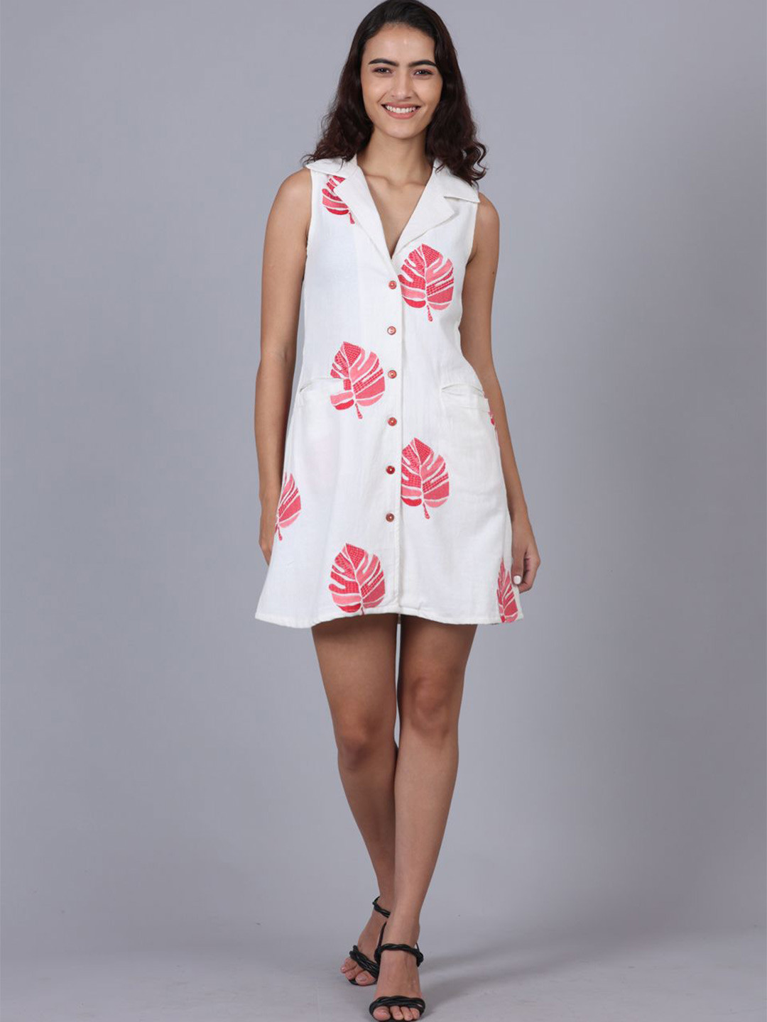 POPPIES LANE Natural White Pink Leaf Embroidery Dress