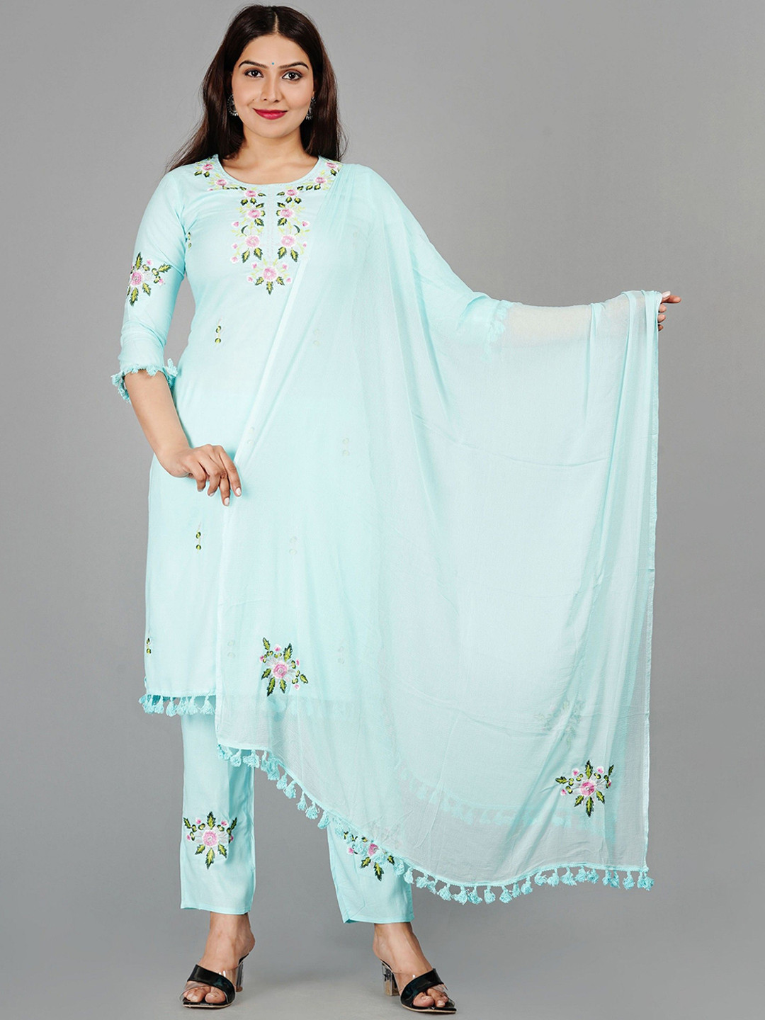 rf clothes Floral Embroidered Round Neck Straight Kurta With Trousers & Dupatta