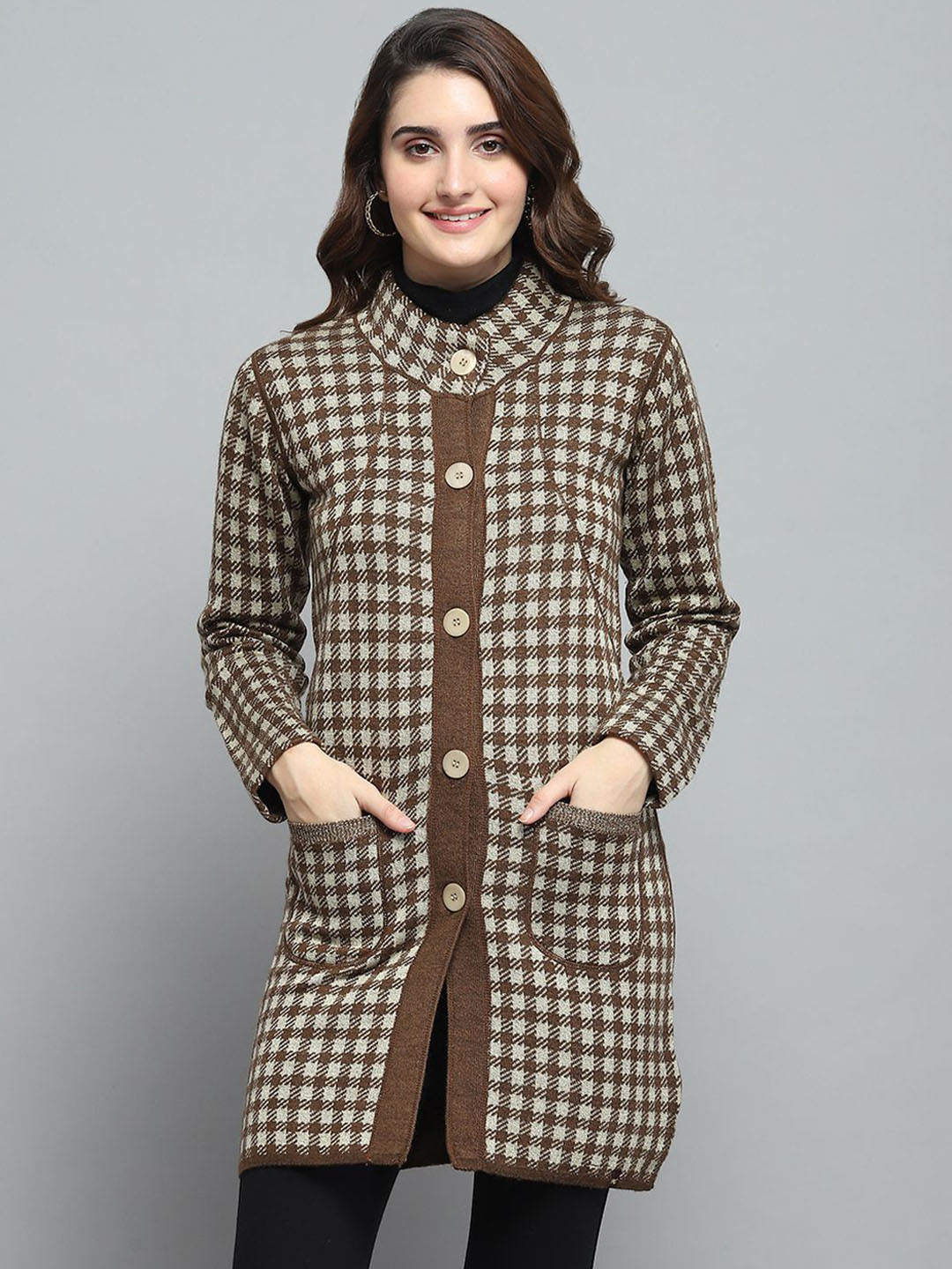 Monte Carlo Checked Round Neck Full Sleeve Single-Breasted Knitted Coat