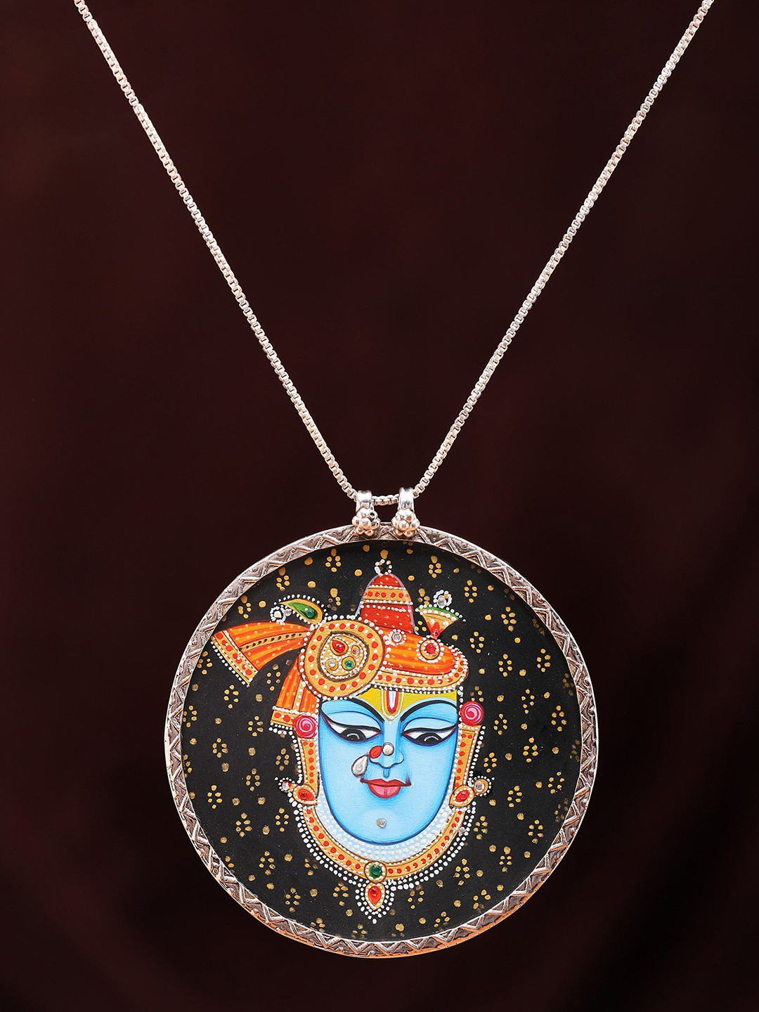 Exotic India Hand-Painted Shrinathji Round Shape Pendant in Sterling Silver