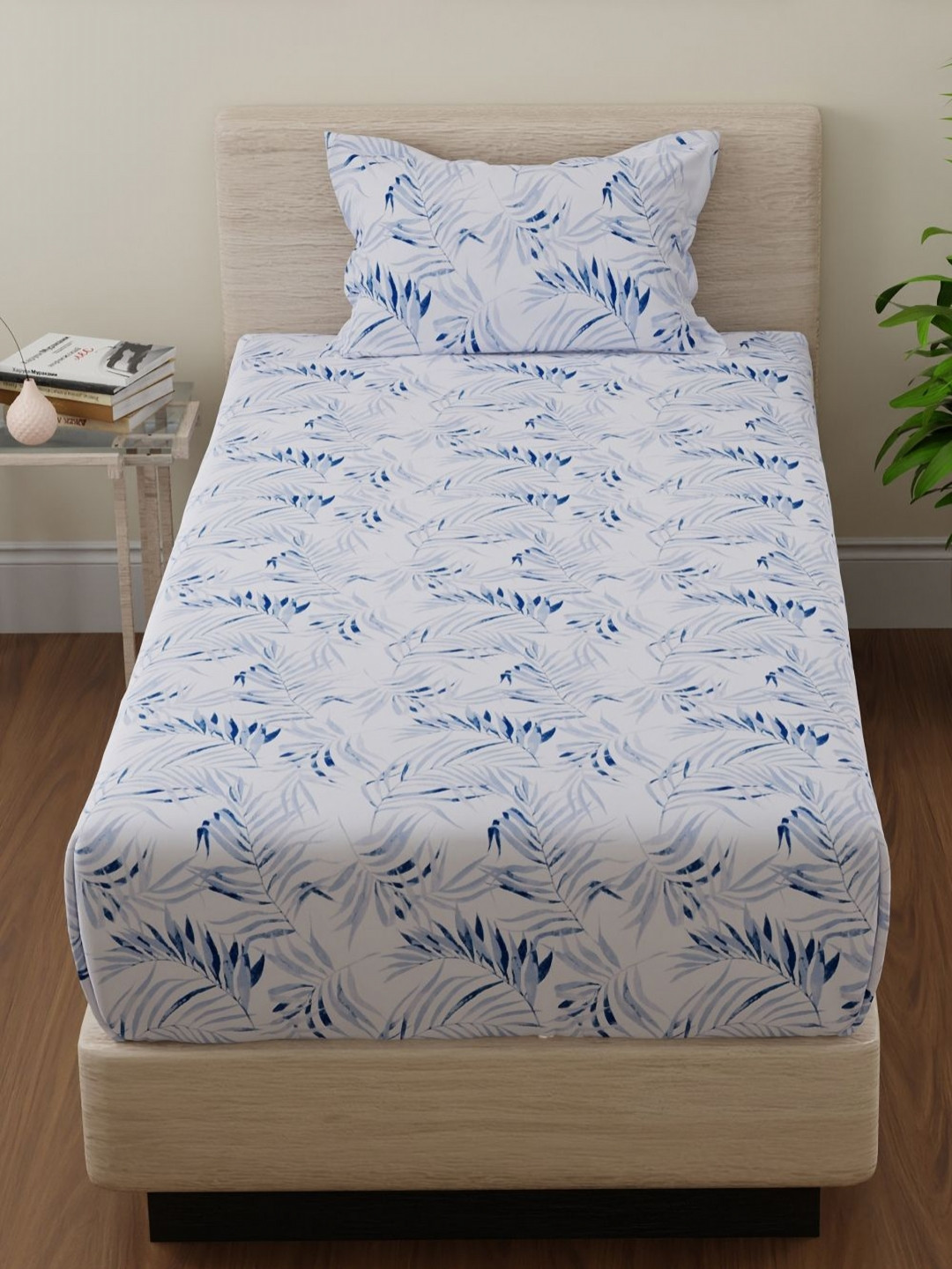 Huesland Blue Floral Cotton 144 TC Single Bedsheet with a Pillow Cover-223.5 x 139.7cm