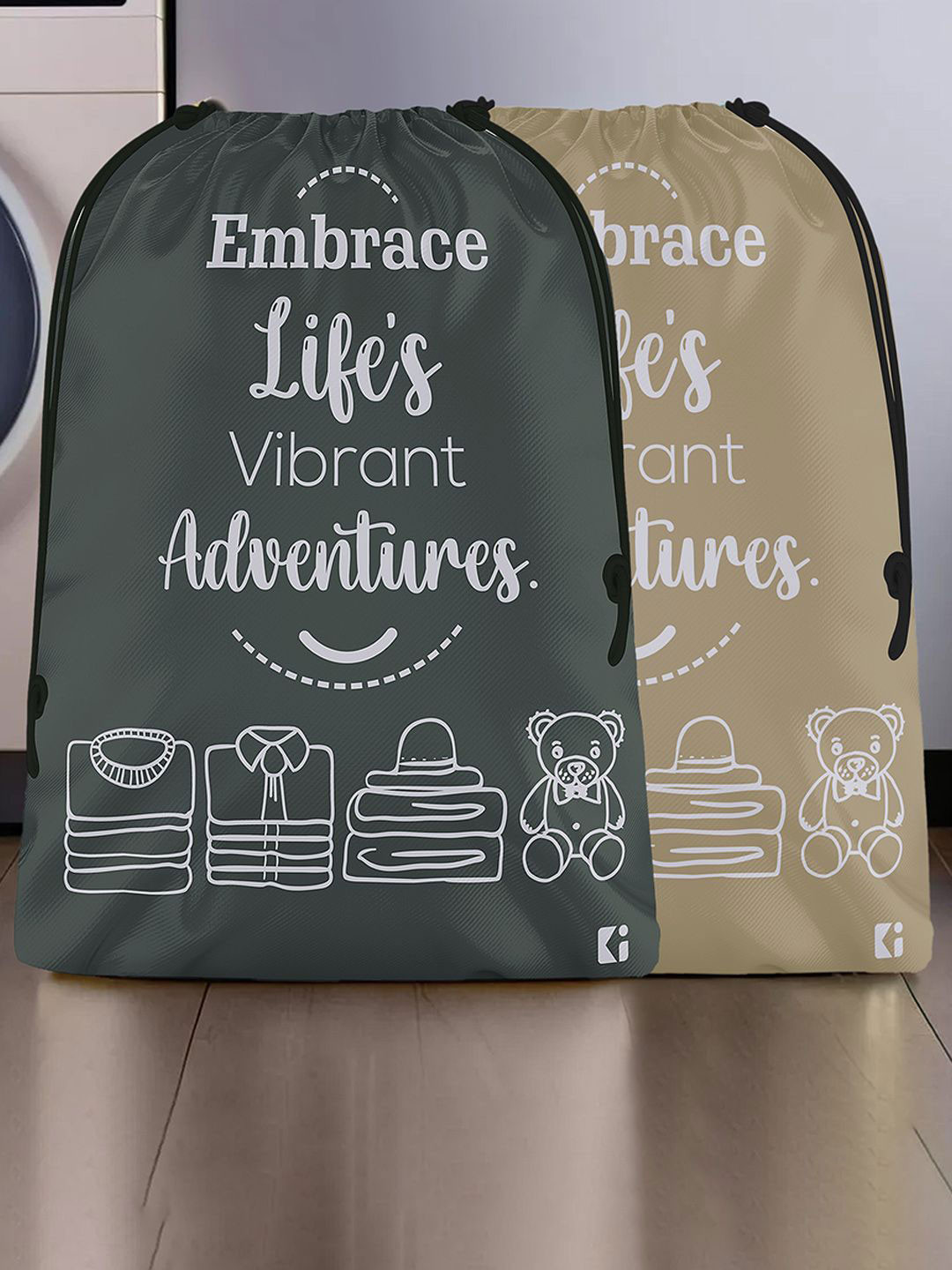 Kuber Industries Brown & Grey Pack Of 2 Typography Printed Cloth Storage Bag For Travel
